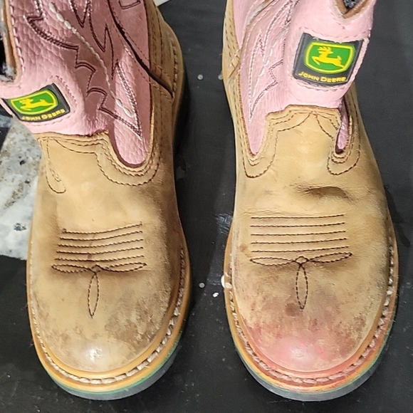 JOHN DEERE Pull On Pink Tan Leather Western Boots 12M Boys - Picture 12 of 15